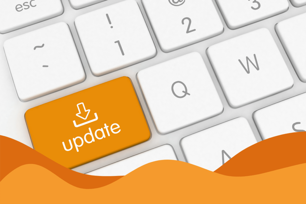 Keyboard with "update" button highlighted in orange, highlighting cybersecurity vulnerabilities addressed by recent Nvidia, VMware and Cisco security patches.