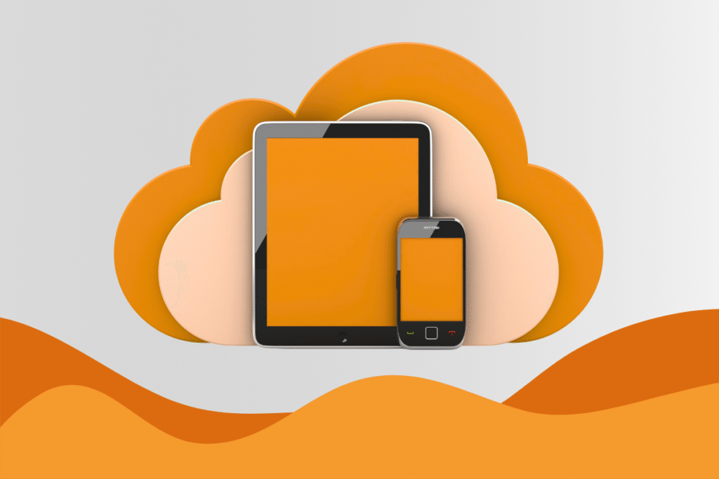 Tablet and phone with cloud technology graphics, symbolising sustainable technology in Yorkshire.