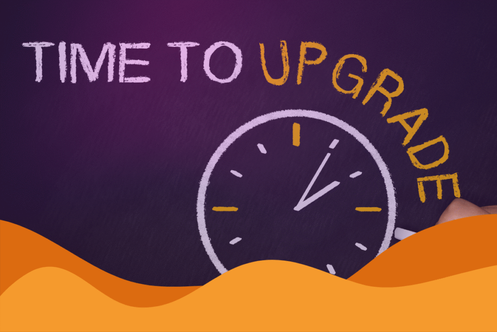 Clock illustration with the words 'Time to Upgrade' symbolising the Windows 10 end of life deadline and the urgency to upgrade to Windows 11.
