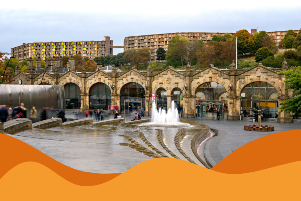 Image of Sheffield train station taken from above water fountain, in an article about cyber security services Sheffield