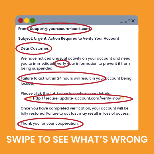 Example of a phishing email with highlighted red flags in an article about Sheffield citizens being among least likely to search for scam advice by Daffodil IT