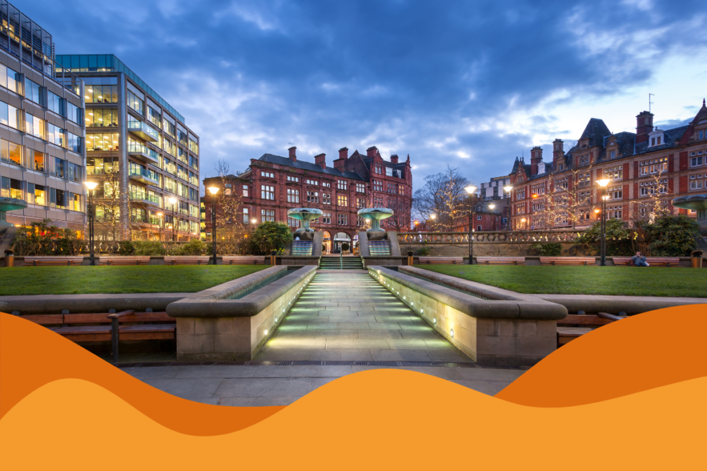 Image of Sheffield gardens in the evenings with surrounding Sheffield buildings in an article about why businesses in Sheffield are moving to managed IT services and awa from break-fix support by managed service provider Daffodil IT in Sheffield, South Yorkshire.